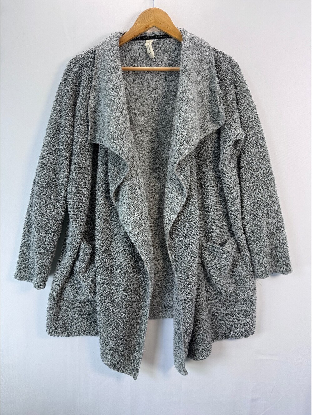 HUE Womens Fuzzy Plush Waterfall Cardigan Gray Cozy Oversized Teddy S/M
